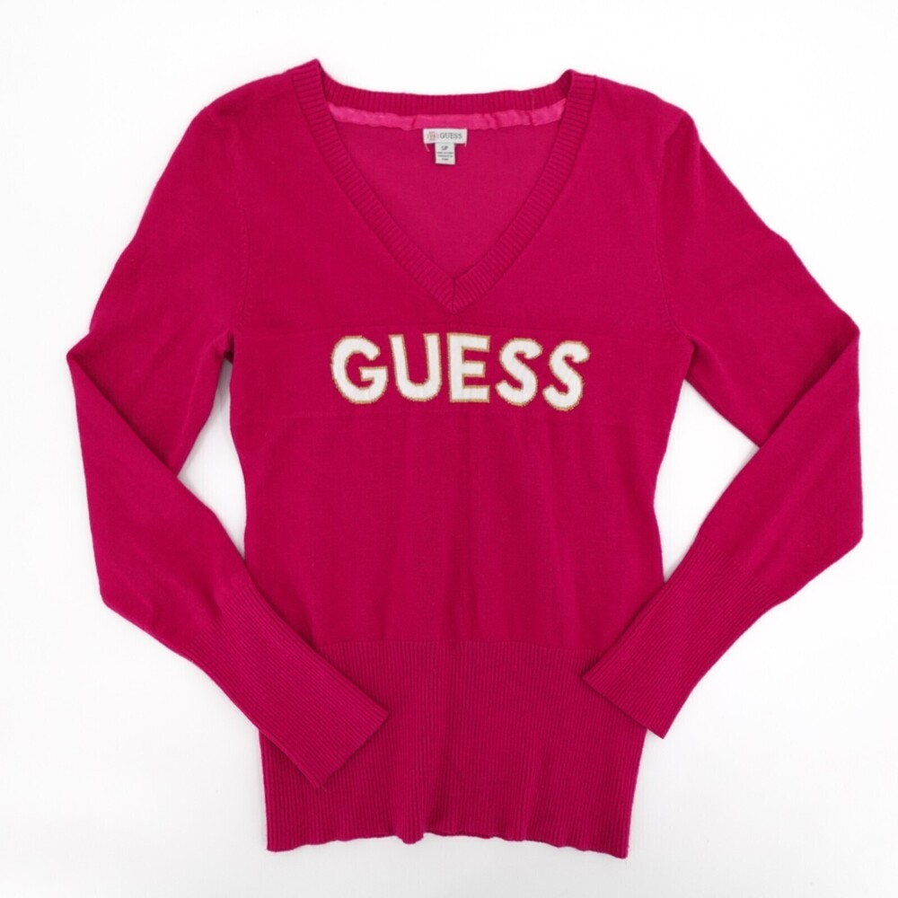 Guess Sweater Womens Small Pink V-Neck Logo Pullover Ivy League